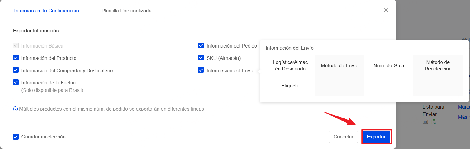 Selecciona la información para exportar. Cada una de las casillas contiene información más específica, haciendo clic en cada una podrá ver qué información contiene al elegirlas.