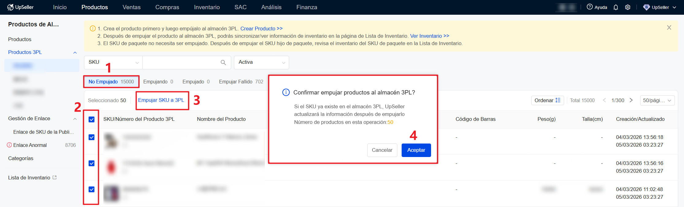 Haz clic en No Empujado y busca SKU >> Selecciona SKU que quieres empujar >> Haz clic en Empujar SKU a 3PL y Aceptar