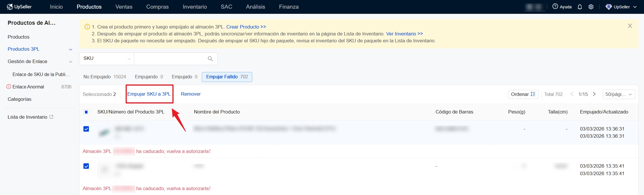 Si falla el empuje, entrará en "Empujar Fallido", permitiendo volver a empujar el producto al almacén 3PL