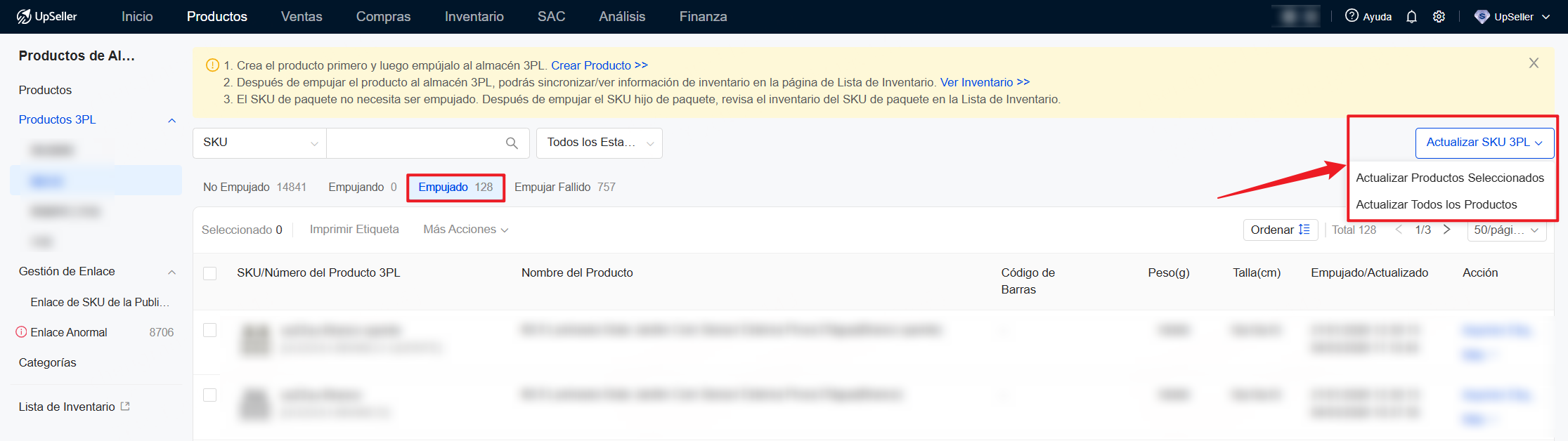 En Empujado, puedes seleccionar Actualizar Productos Seleccionados o Actualizar Todos los Productos