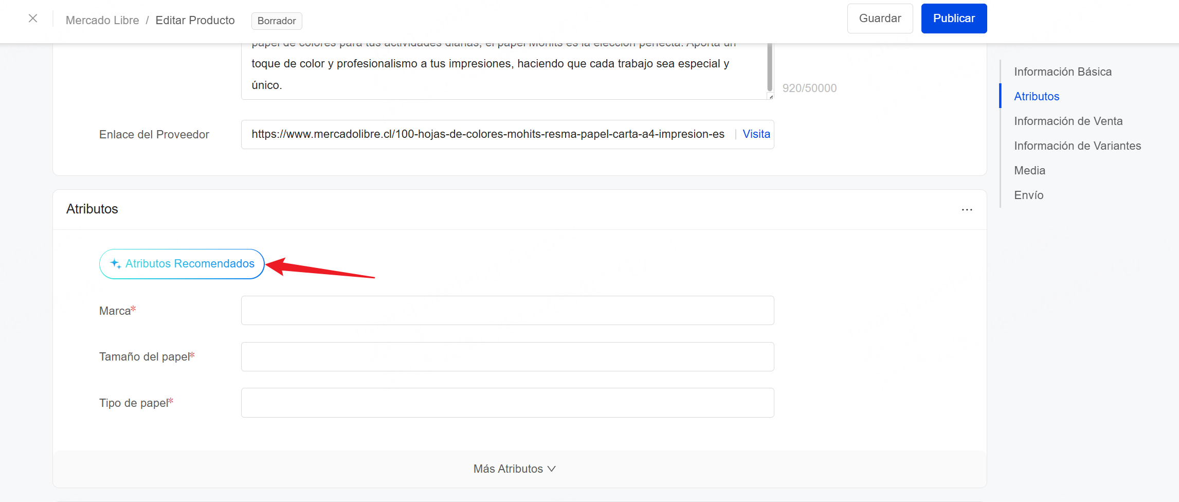 generar atributos recomendados con IA