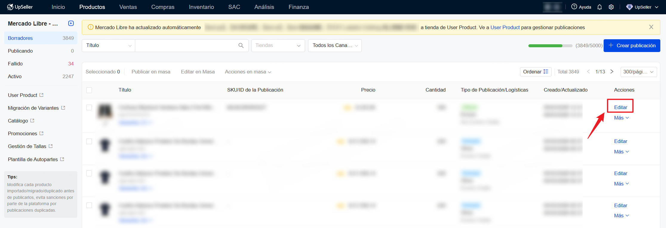 Para usarlo, ingresa a la página de edición de cualquier producto, que podrás encontrar en los borradores o publicaciones de cada plataforma, o bien al crear un producto manualmente
