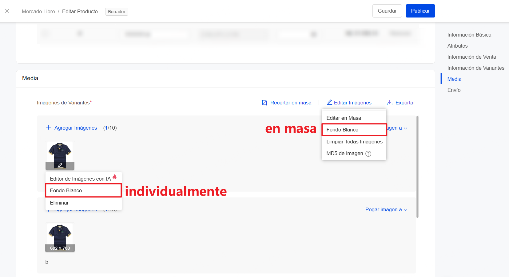 Seleciona Media >> Seleciona imagen >> Haz clic en Fondo Blanco para limpiar el fondo individualmente o en masa
