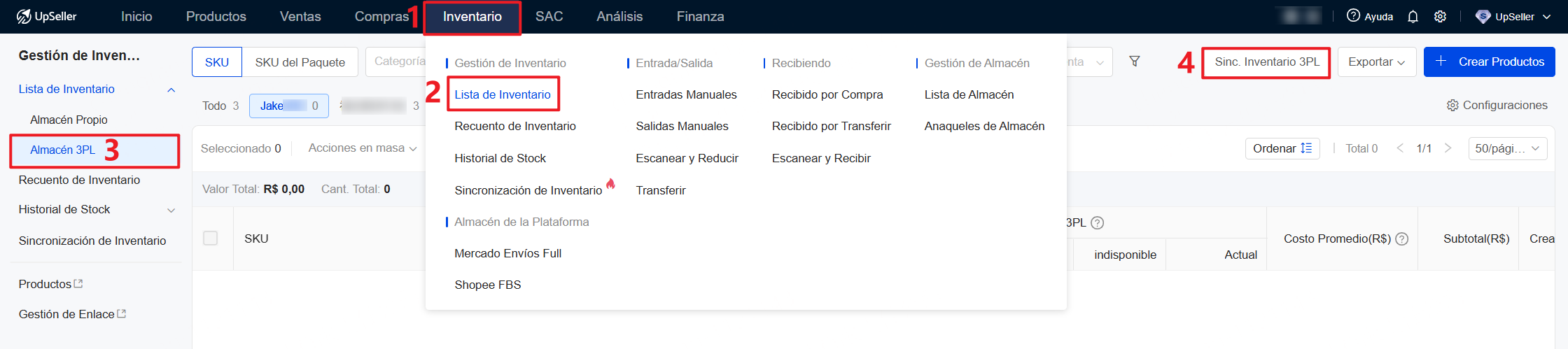 Entra en módulo Inventario >> Lista de Inventario >> Almacén 3PL >> Sincronizar inventario almacén 3PL