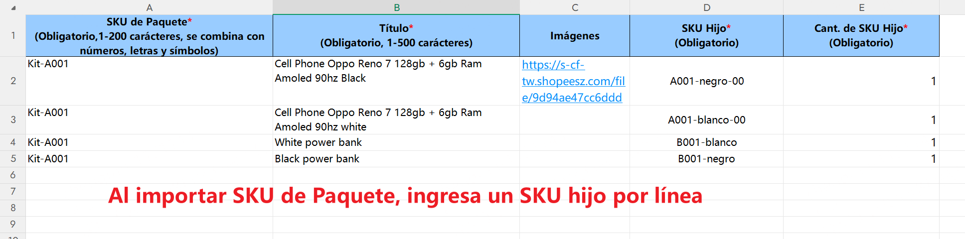 Al importar SKU de Paquete, ingresa un SKU hijo por línea