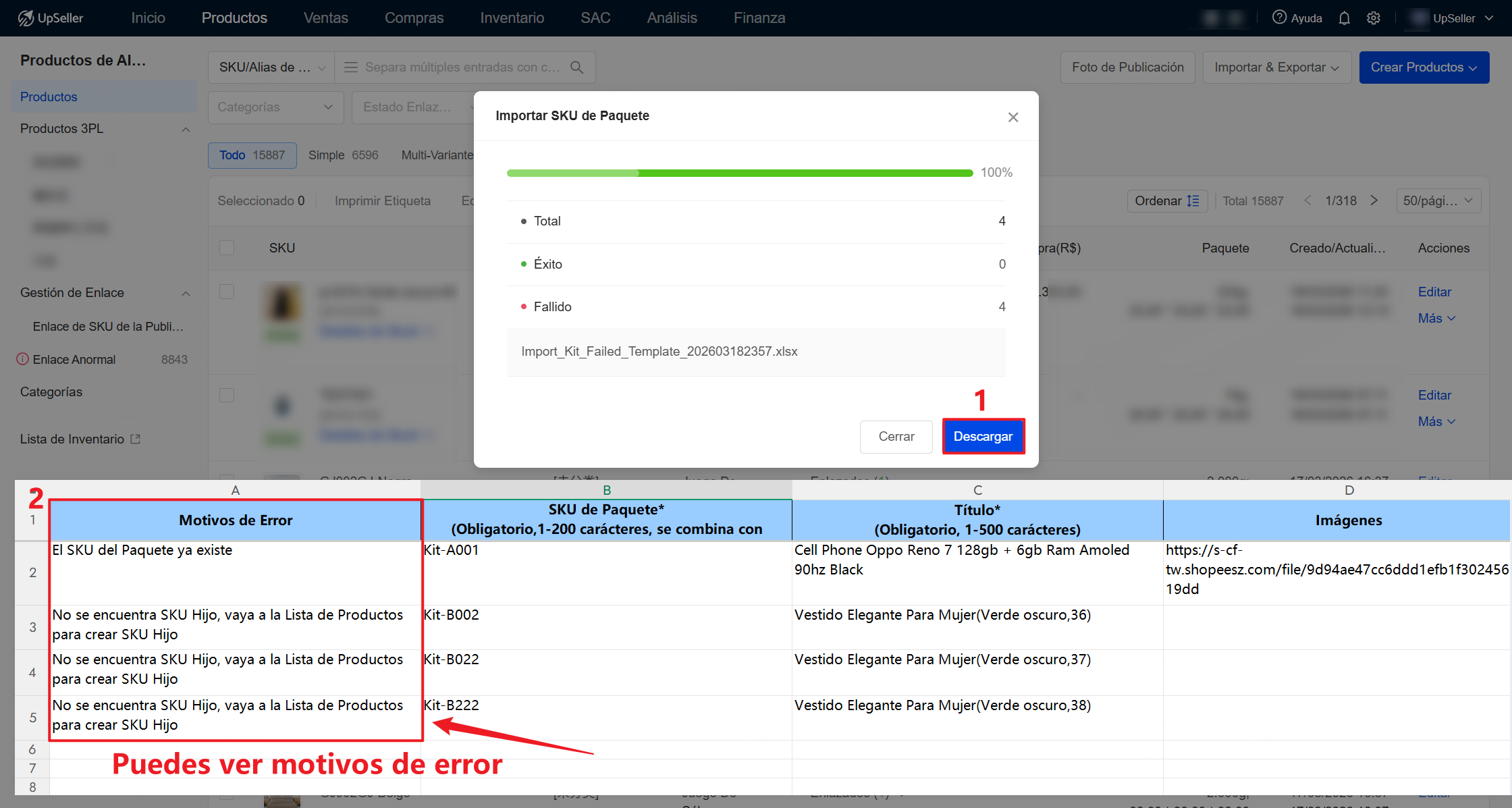 Cuando la importación falla, puedes hacer clic en "Descargar" y en el archivo Excel podrás ver el motivo del error.