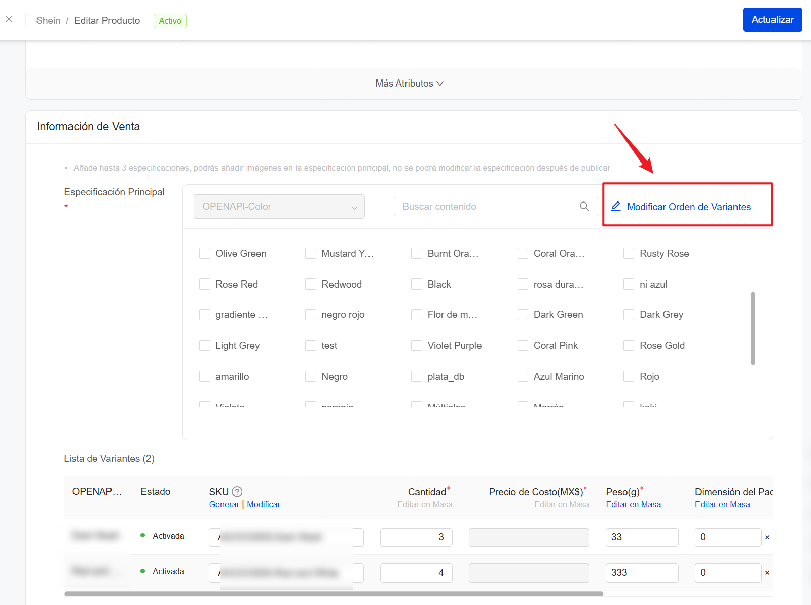 Haz clic en Modificar orden de variantes