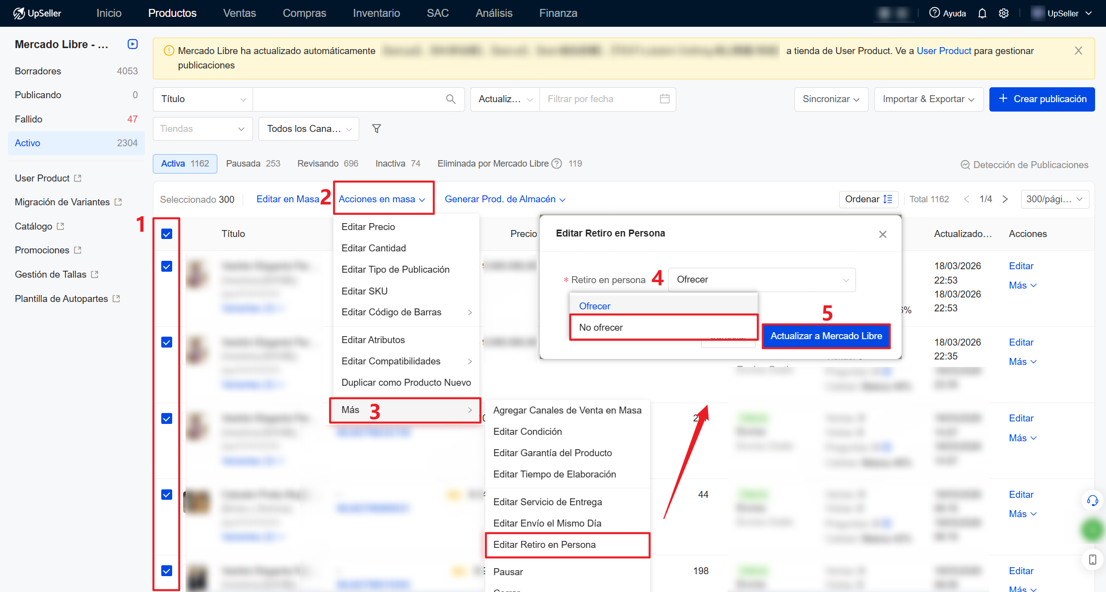 Puedes modificar la configuración de tus publicaciones activas para deshabilitar la opción de retiro por el comprador.