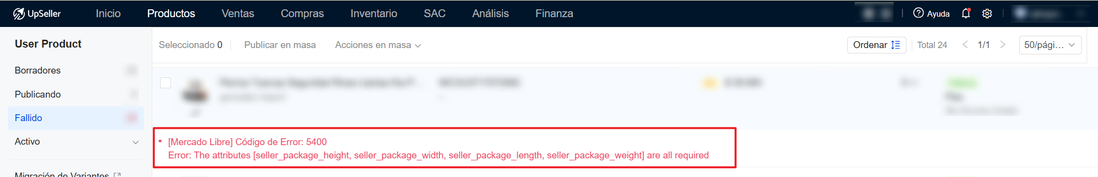 [Mercado Libre] Código de Error: 5400 Error: The attributes [seller_package_height, seller_package_width, seller_package_length, seller_package_weight] are all required