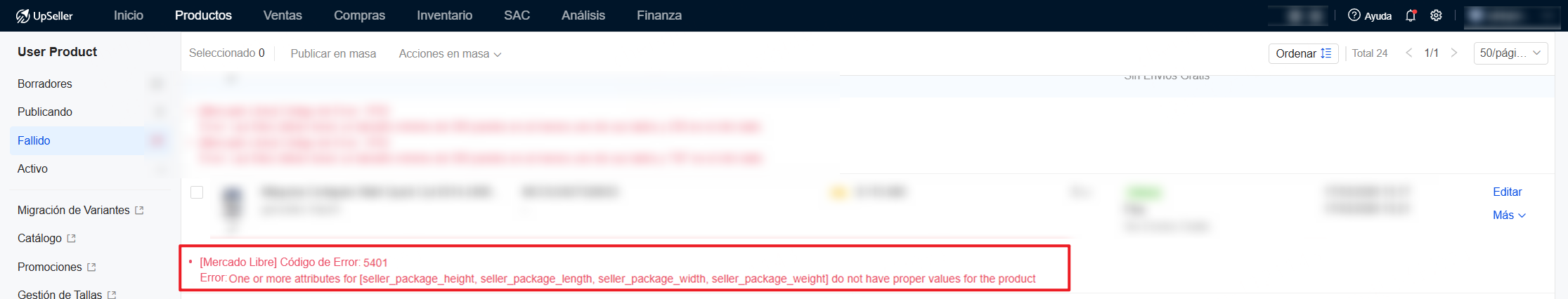 Mercado Libre] Código de Error: 5401 Error: One or more attributes for [seller_package_height,seller_package_length, seller_package_width, seller_package_weight] do not have proper values for the product
