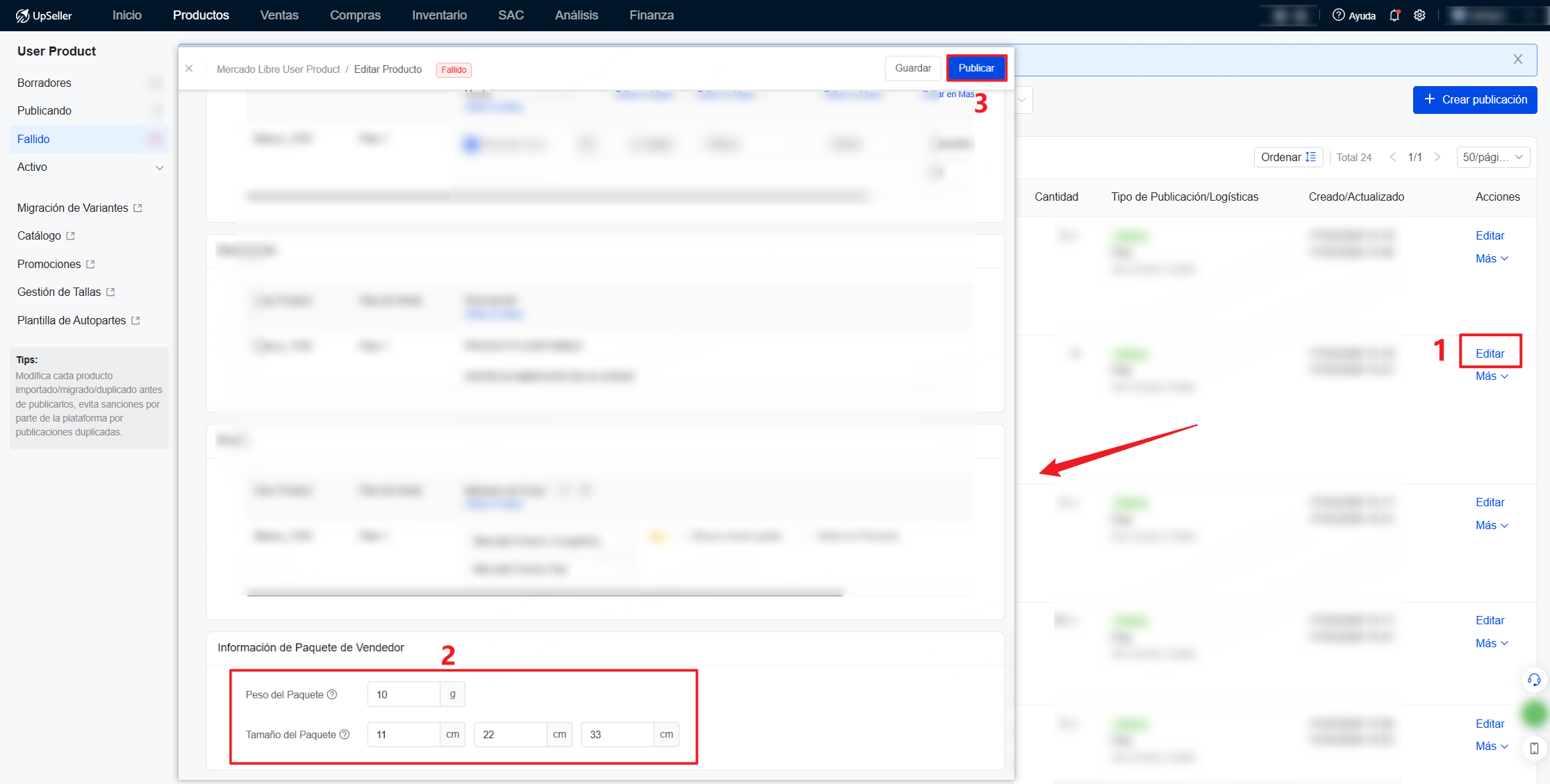 Haz clic en Editar para modificar Peso y Tamaño del Paquete y, a continuación, vuelve a publicarlo.