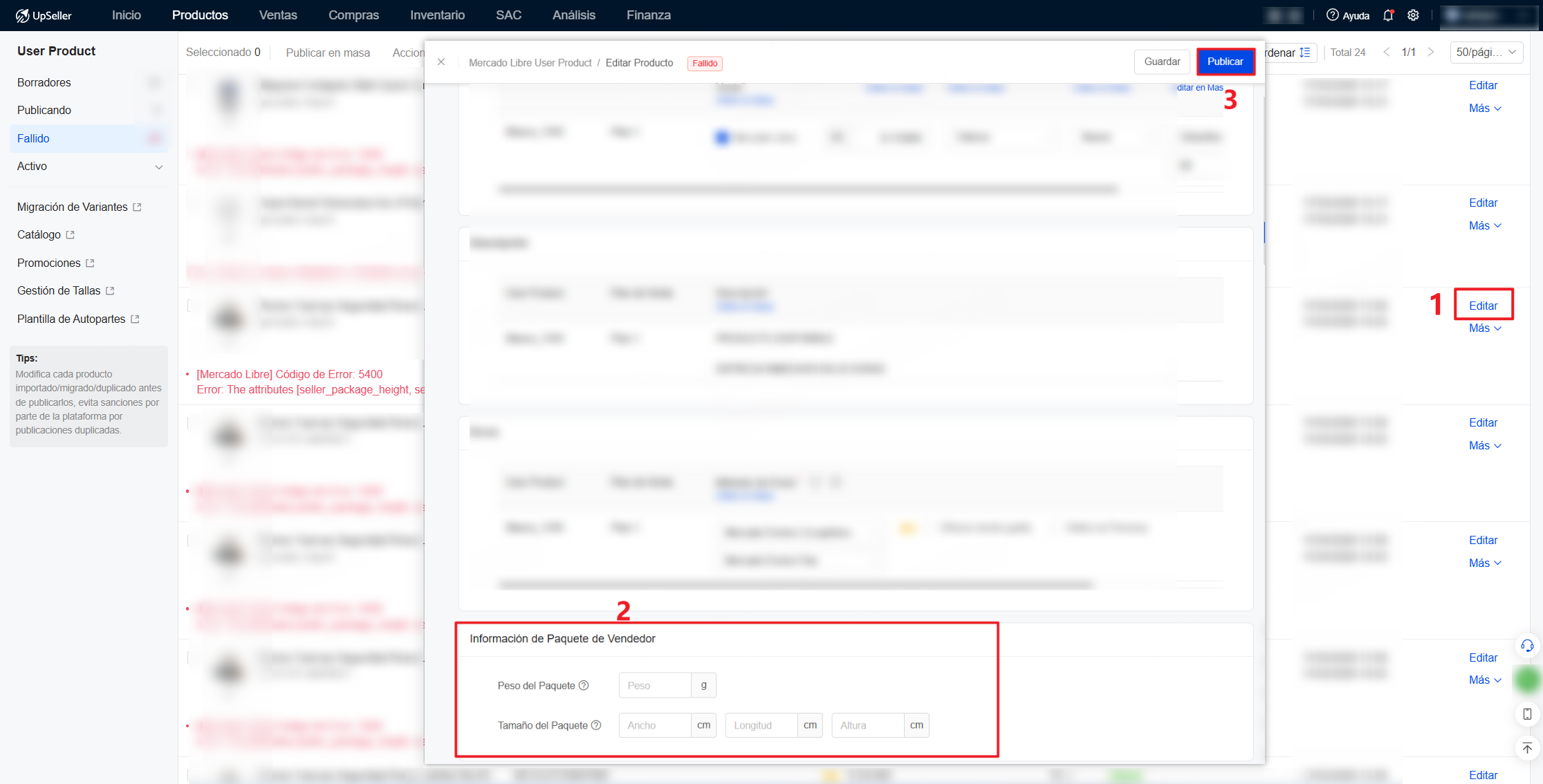 Haz clic en Editar para acceder a la página de edición del producto y completa la información de paquete de vendedor correspondiente.