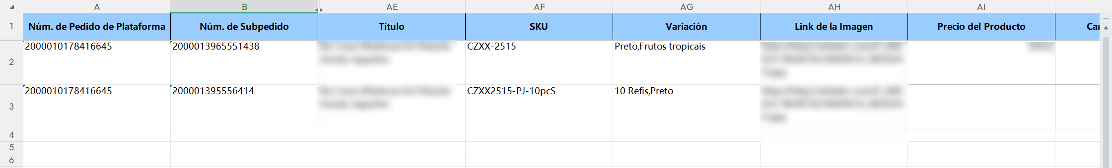 Cómo se muestran los números de subpedido de Mercado Libre al exportarlos?
