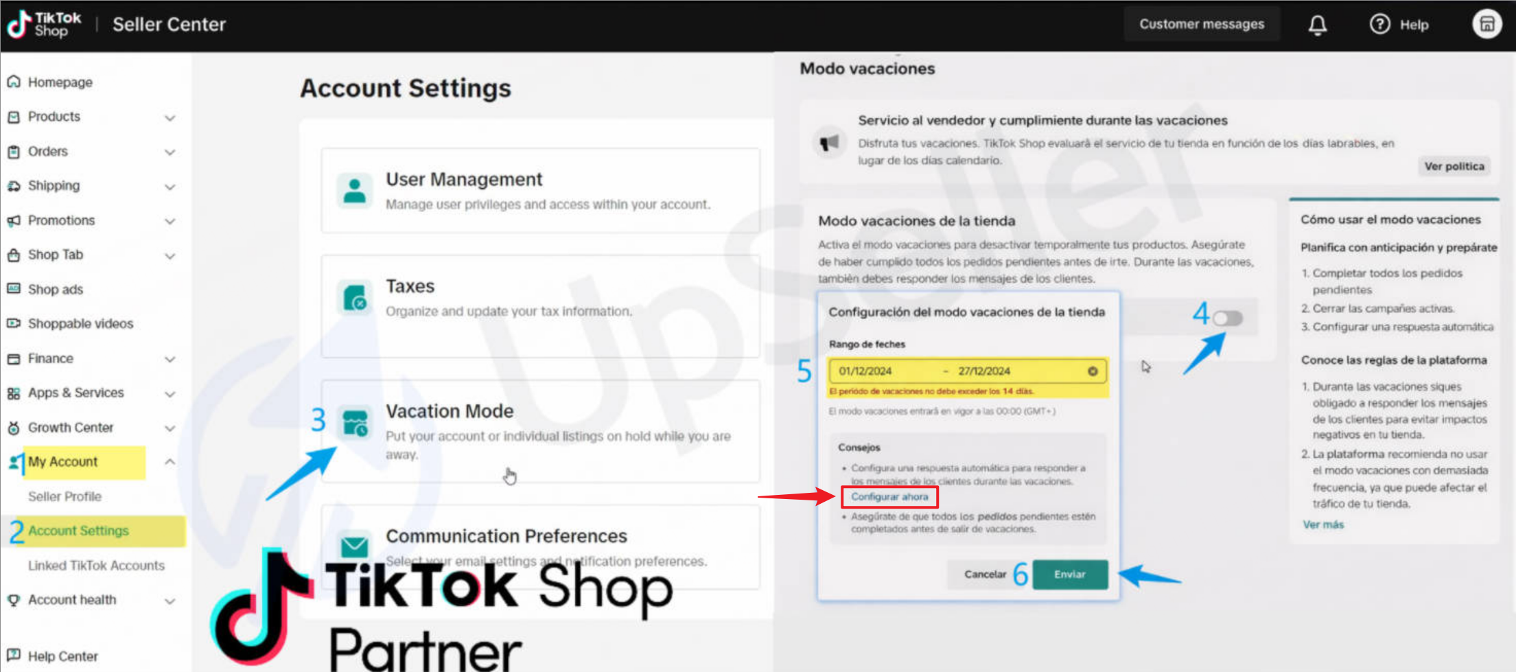 Cómo puedo activar el Modo vacaciones en TikTok Shop?