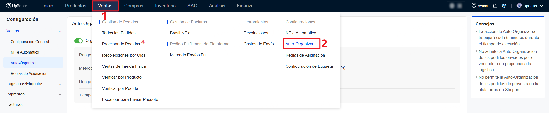 El segundo método de entrada para habilitar la auto-organización de pedidos