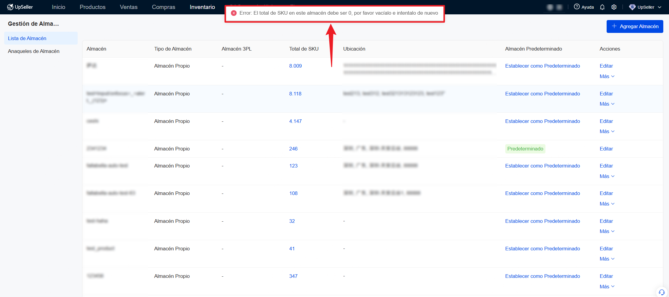 Si un almacén contiene SKU de productos, al intentar eliminarlo aparecerá el siguiente mensaje: Error: El total de SKU en este almacén debe ser 0, por favor vacíalo e intentalo de nuevo
