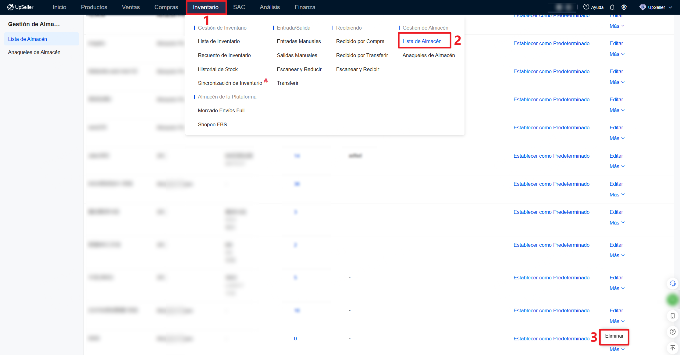 Eliminar el almacén. En Lista de Almacén, selecciona el almacén correspondiente y haz clic en Más >> Eliminar.
