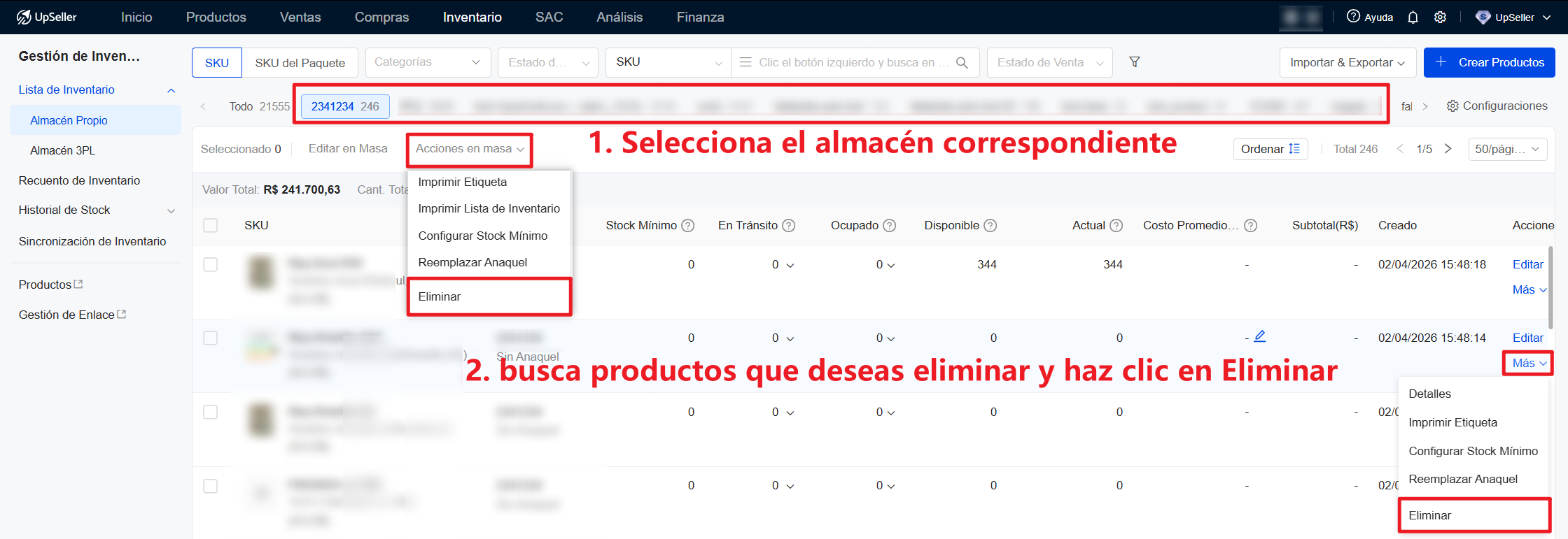 Haz clic en el módulo Inventario >> Lista de Inventario. Selecciona el almacén correspondiente, busca los productos que deseas eliminar y haz clic en Eliminar