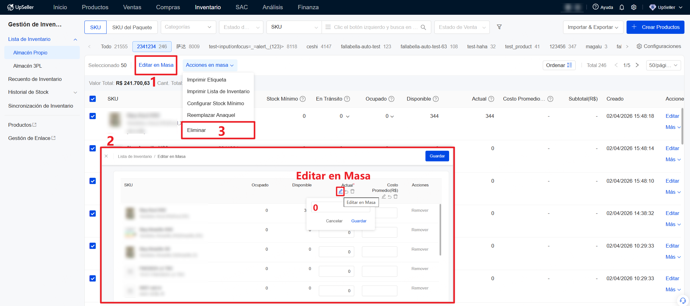 Haz clic en el módulo Inventario >> Lista de Inventario. Selecciona el almacén correspondiente, haz clic en Editar en Masa y luego en Eliminar masiva.