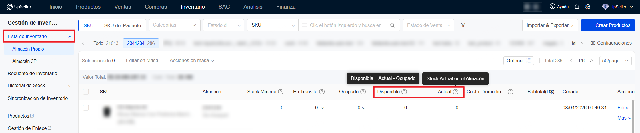 El tipo de sincronización: Sincroniza el inventario según Stock Disponible o Stock Actual en la lista de inventario