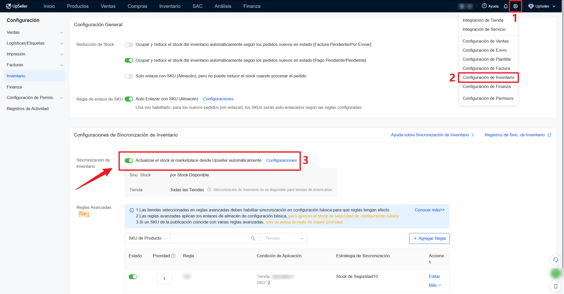 Configuración >> Configuración de Inventario >> Sincronización de Inventario, haz clic en configuraciones