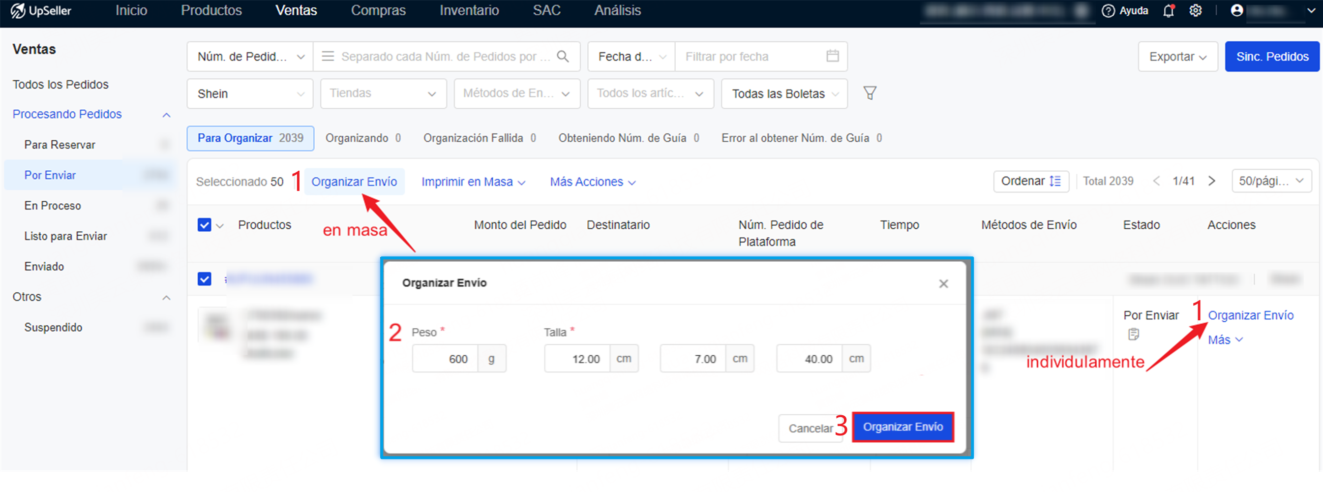 Editar info. de paquete y organizar envío wps