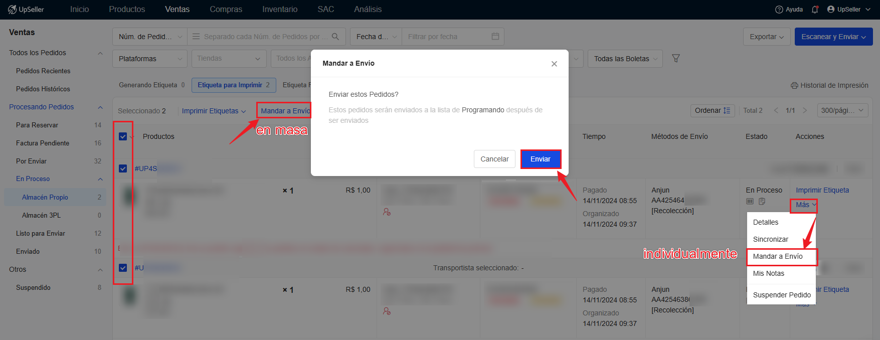 Mandar a Envío para mover el pedido de WPS