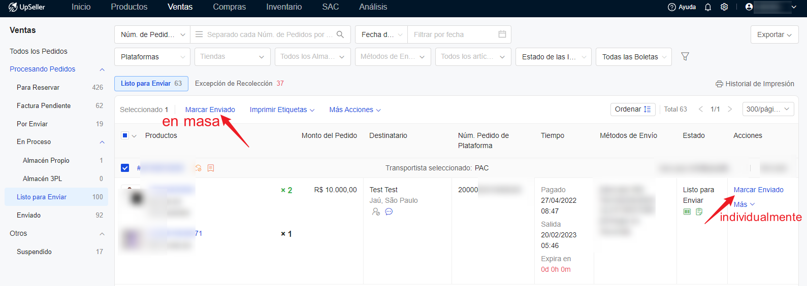 Marcar Enviado para ventas de Walmart