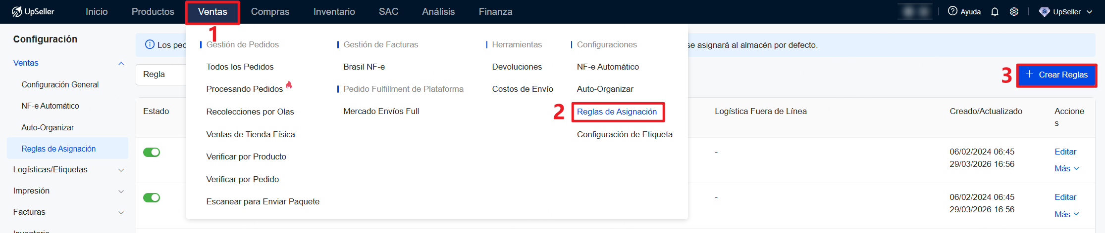 Módulo Ventas >> Configuraciones >> Reglas de Asignación