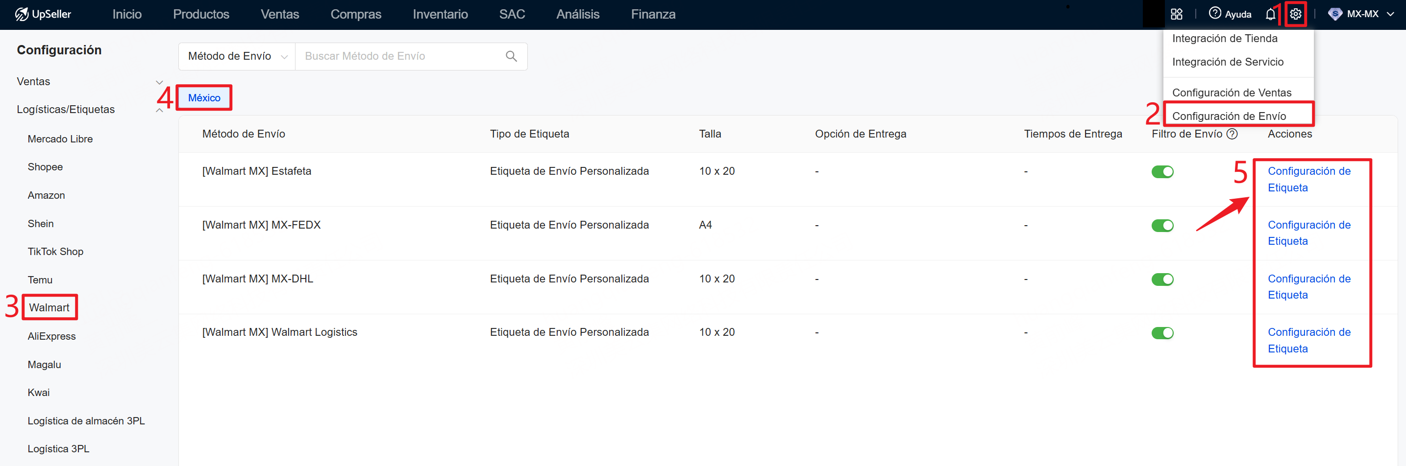 entrada de configurar etiquetas personalizadas de Walmart 