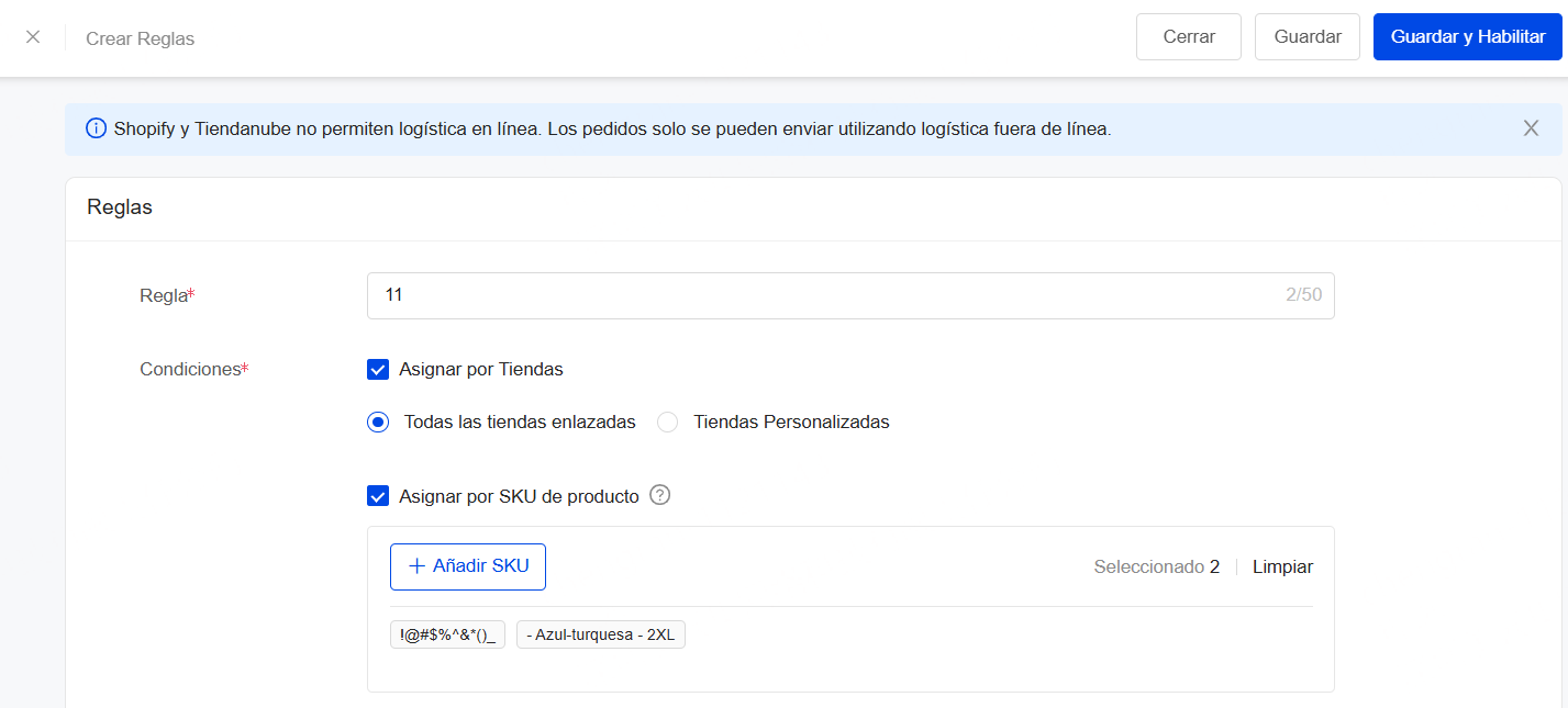 Completar el nombre de la regla y establecer las condiciones por tienda o SKU específicos