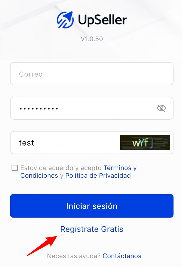 abre UpSeller App y haz clic "Registrate Gratis"