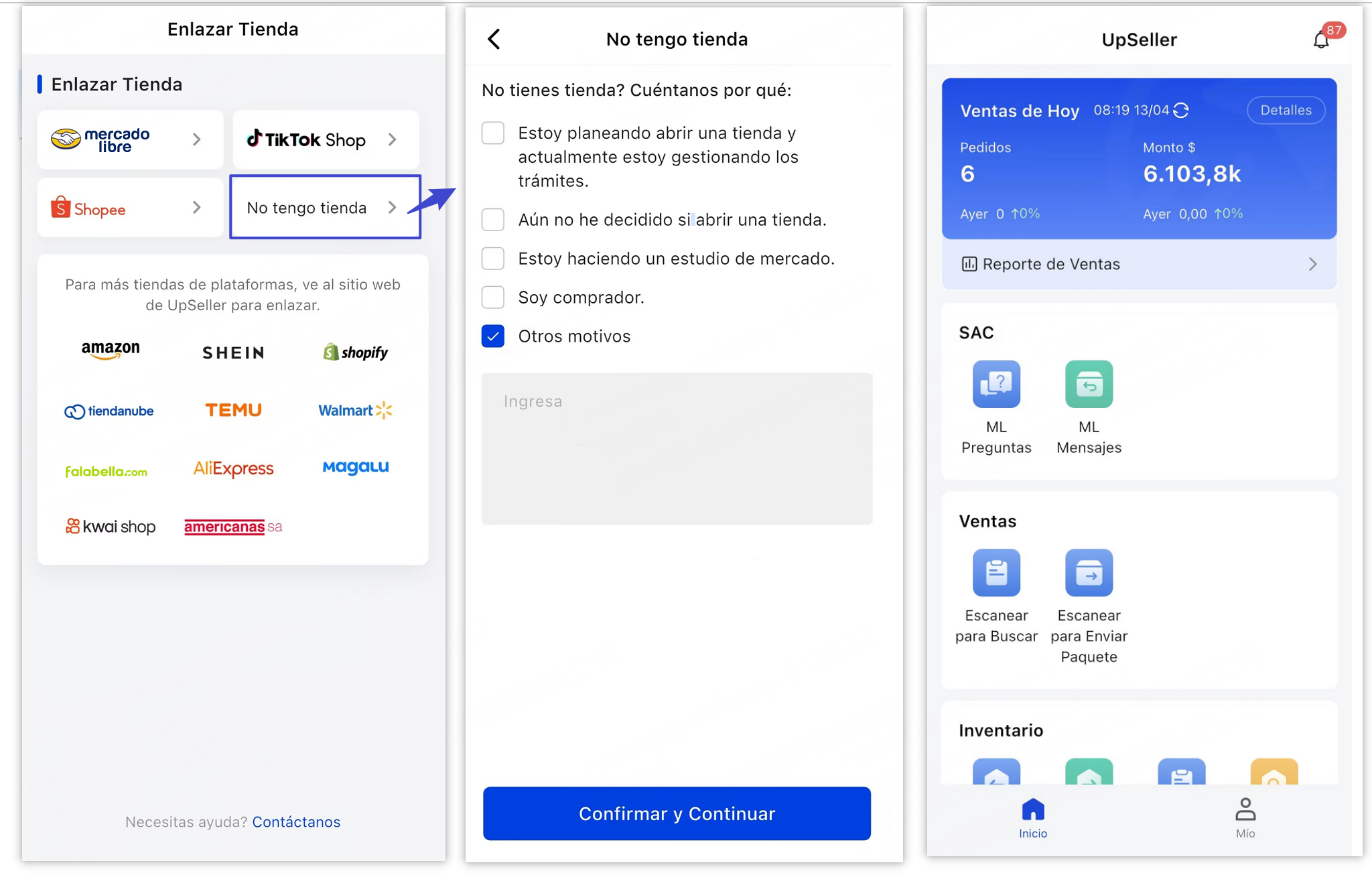 Senecciona la tienda que necesitas enlazar en UpSeller APP