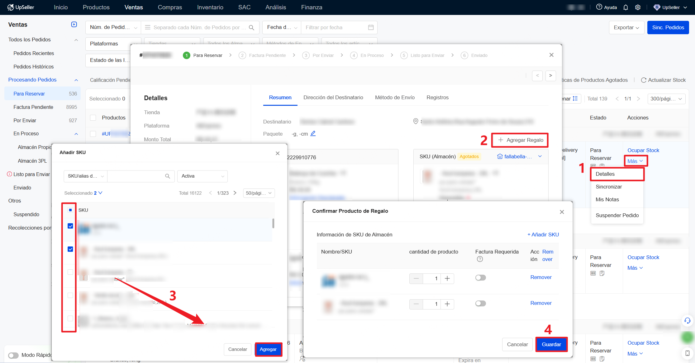 Haz clic en Agregar Regalo >> Selecciona SKU y haz clic en Agregar >> Confirma Producto de Regalo y haz clic en Guardar