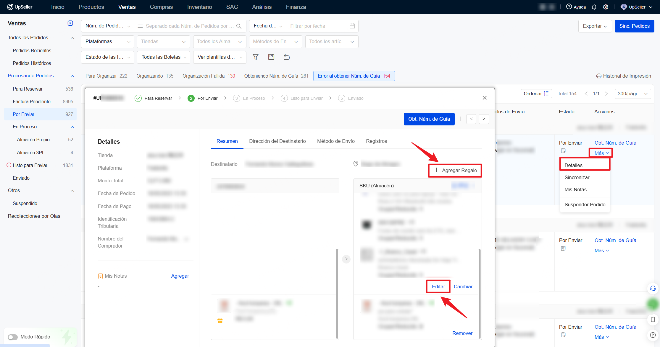 Para Pedidos en la sección Por Enviar, haz clic en Más >> Detalles para agregar regalo o editar el kit.