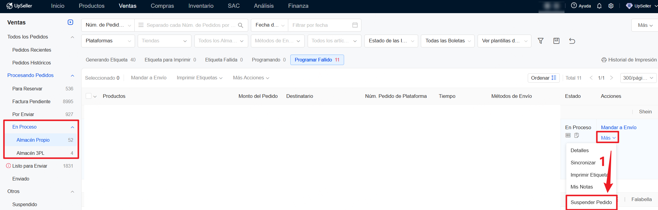 Para Pedidos en la sección En Proceso, haz clic en Más >> Suspender pedido.