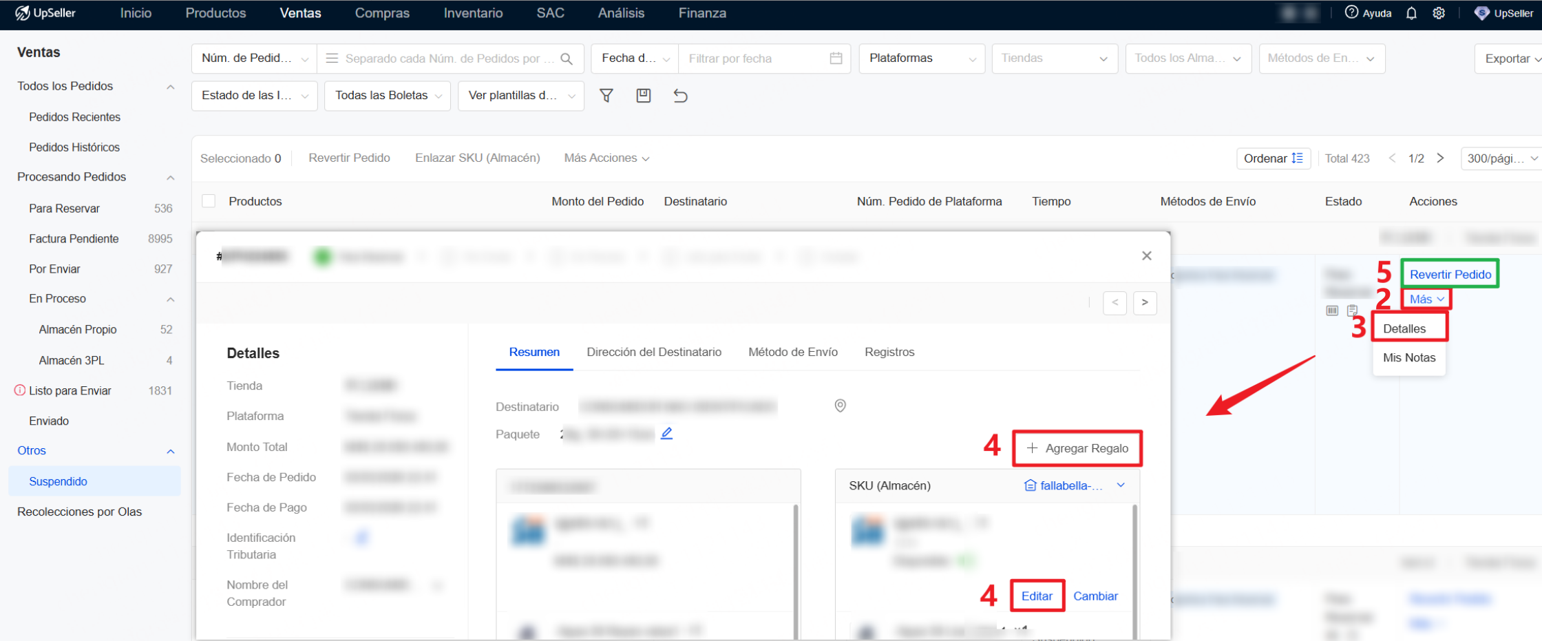 El pedido pasará al sección Suspendido, donde podrás agregar un regalo o editar el kit. Una vez realizada la operación, haz clic en Revertir Pedido para devolver el pedido a su estado original.
