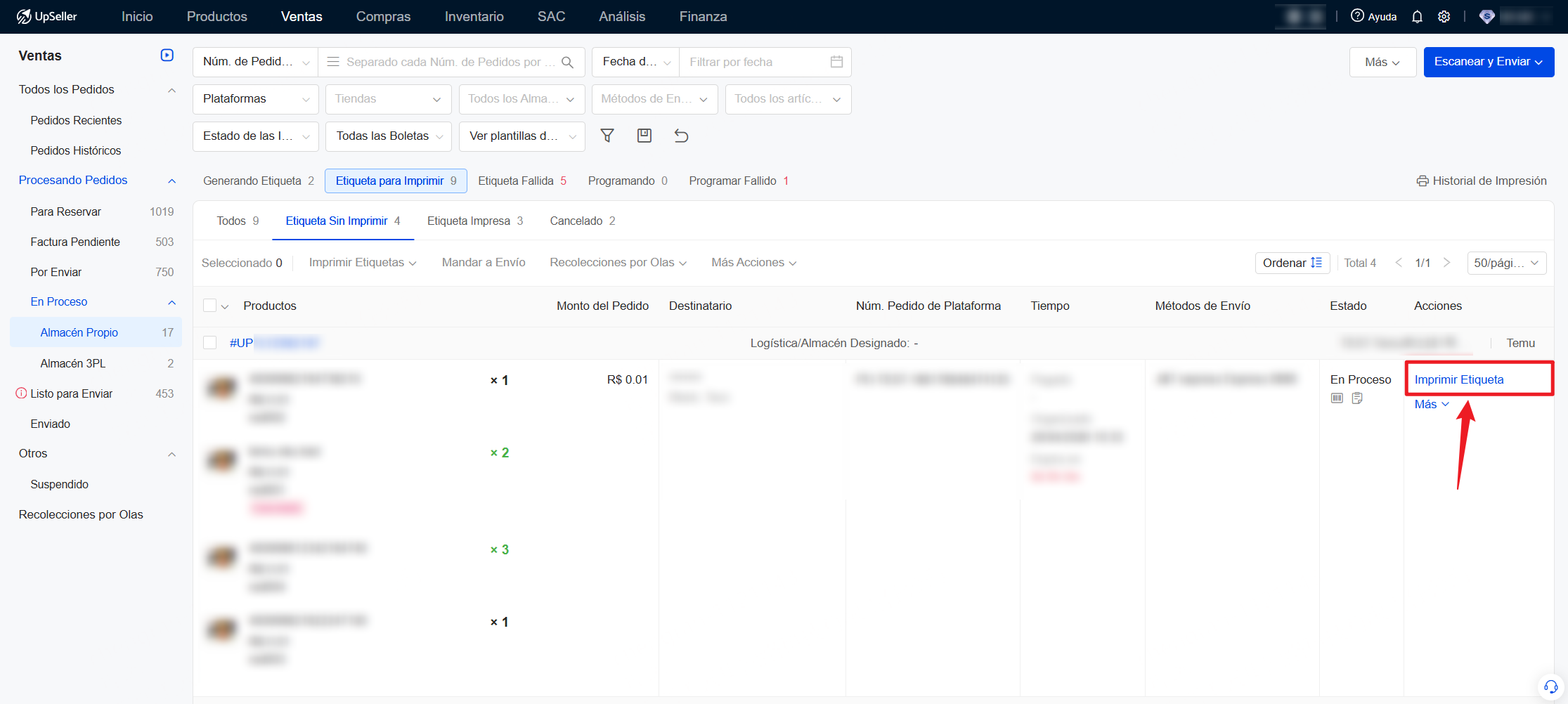 Imprime la etiqueta en formato ZPL directamente desde la lista de pedidos