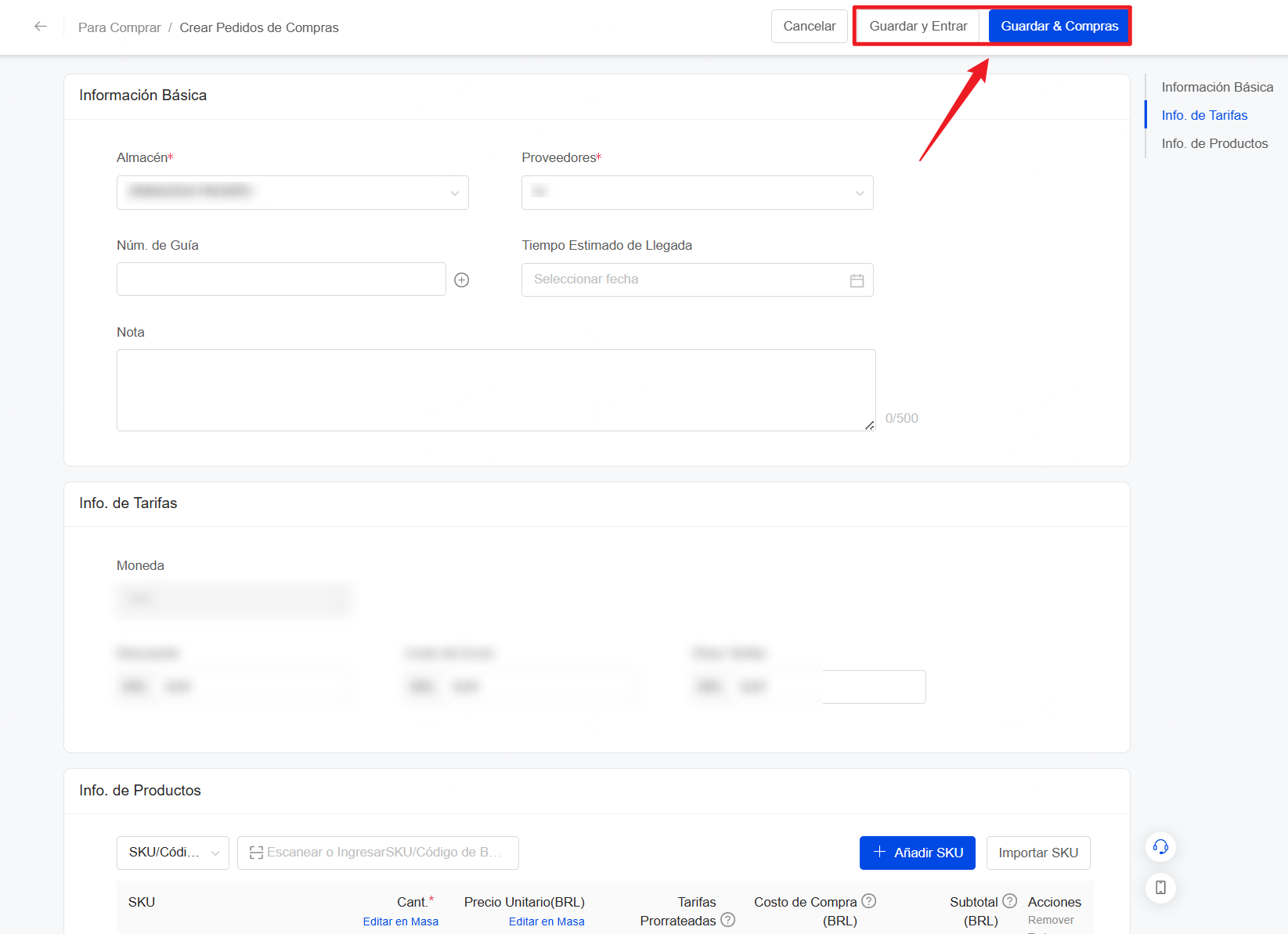crear pedidos de compras rápidamente