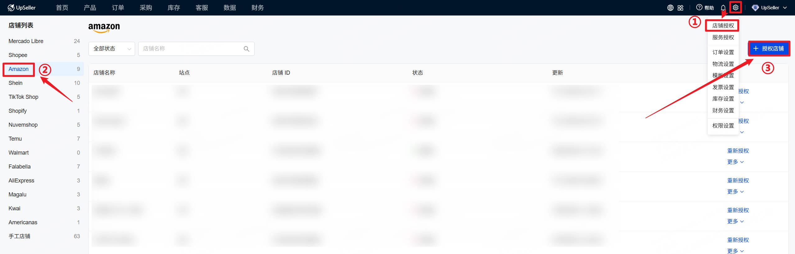 操作入口：设置>> 店铺列表>> Amazon