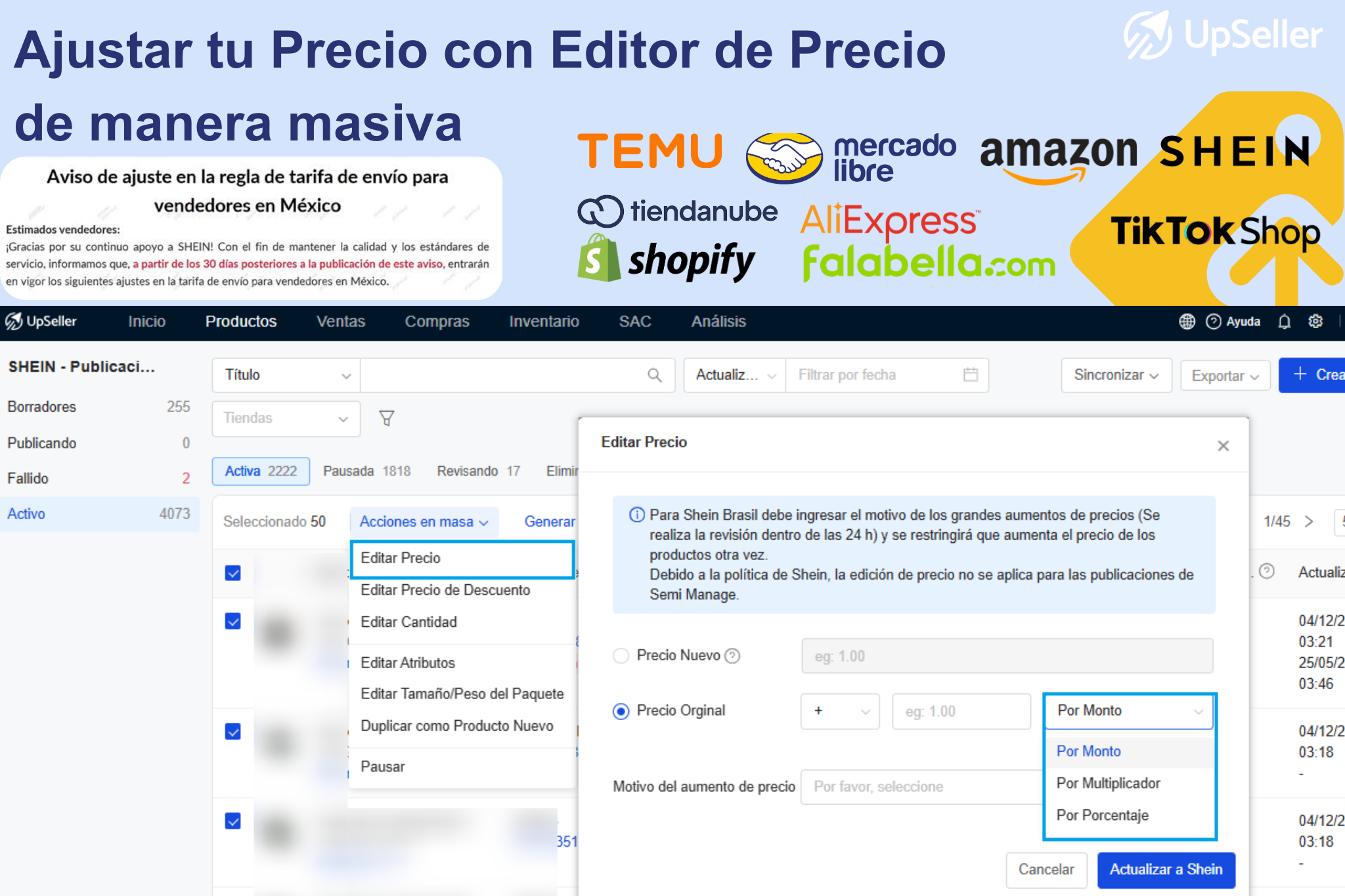 Editor masivo para ajustar precios de Shein con solo un clic