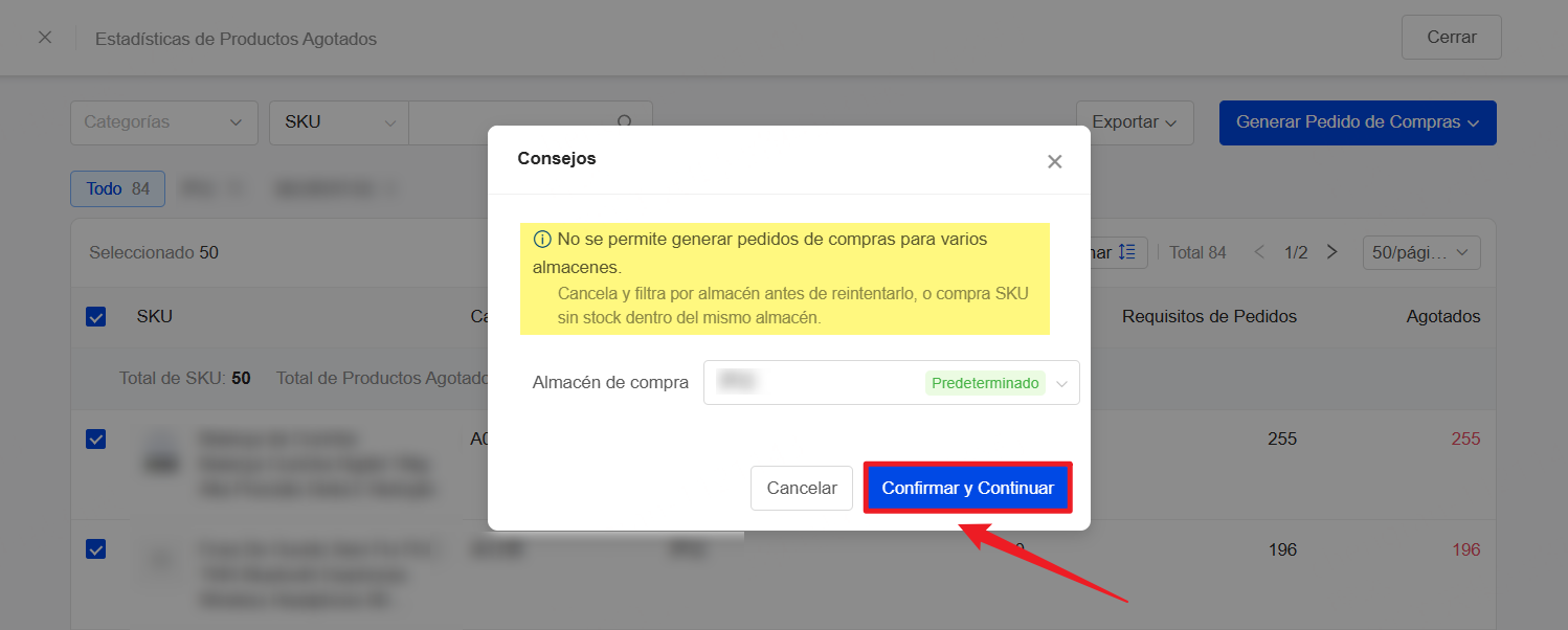 No se permite la creación simultánea de pedidos de compras para varios almacenes.