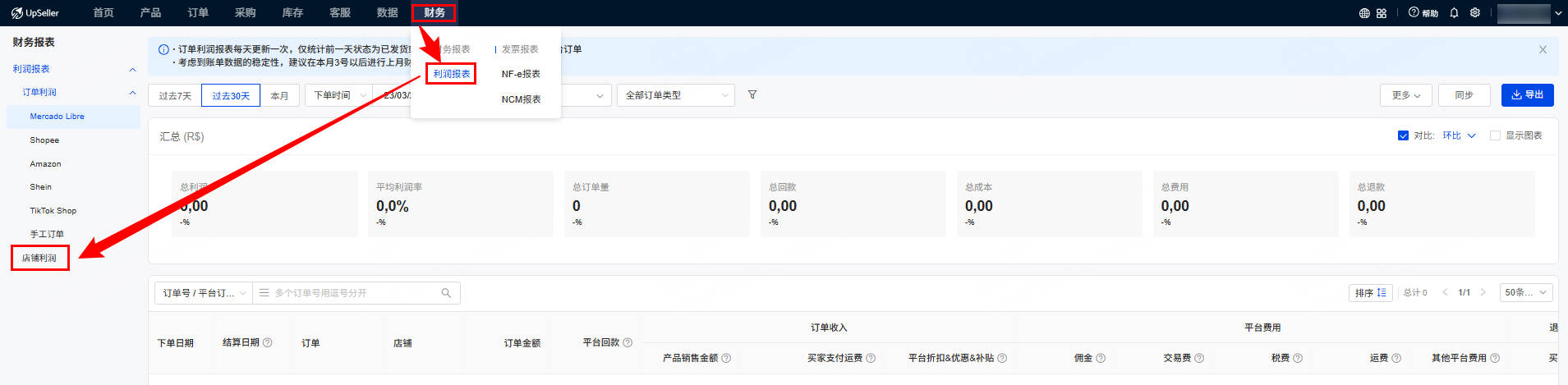 UpSeller 店铺利润入口