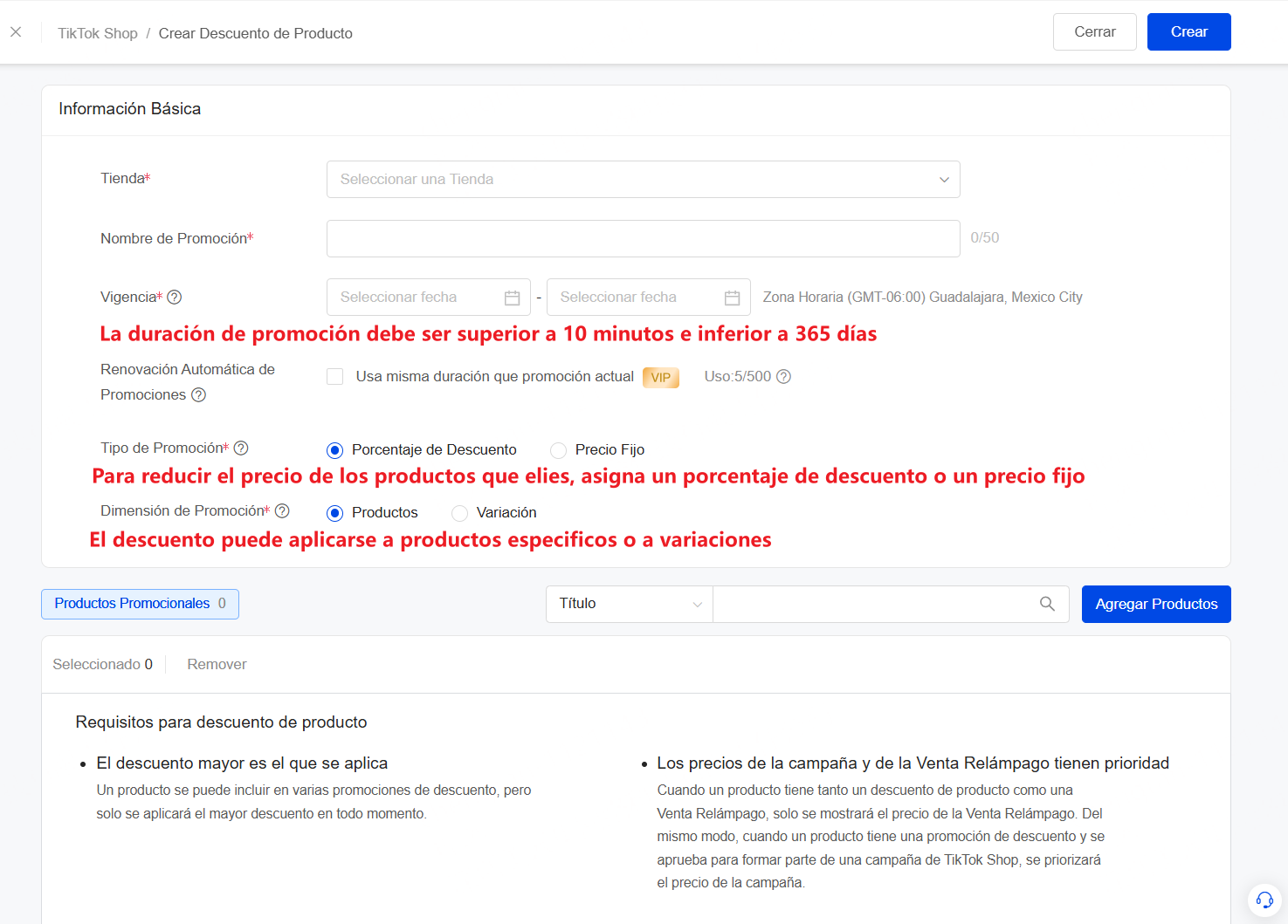 Completa Información Básica de Descuento de Producto