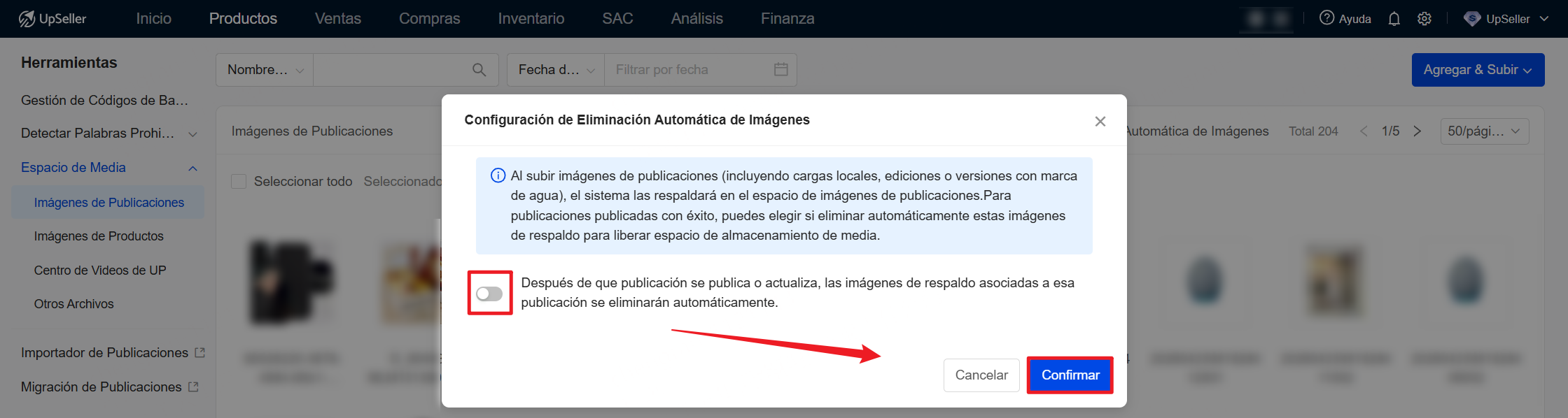Activa el interruptor de Configuración de Eliminación Automática de Imágenes, haz clic en Confirmar