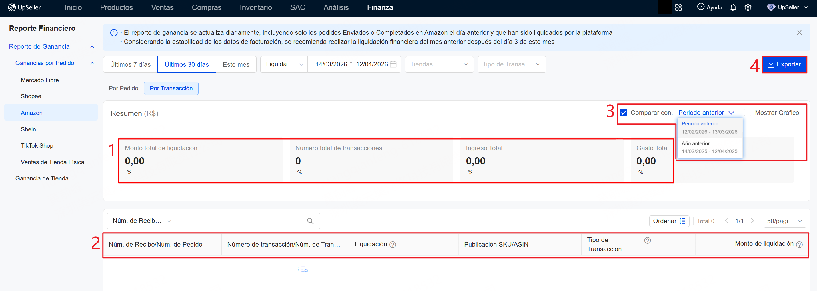 Vista por transacción para análisis profundo con reporte de ganancia por pedido de amazon