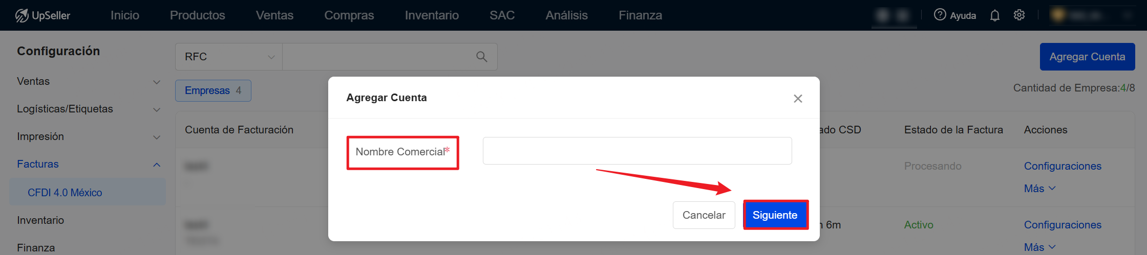 Ingresa Nombre Comercial y haz clic en Siguiente