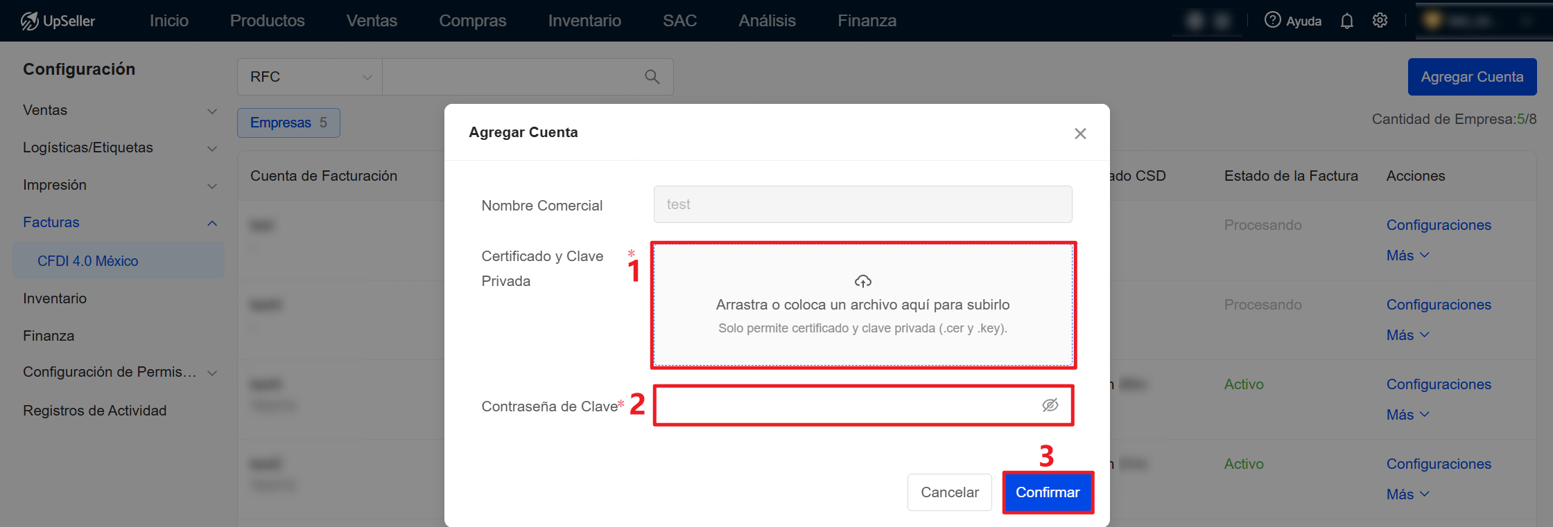Sube tanto el archivo del Certificado (.cer) como el de Clave Privada (.key).