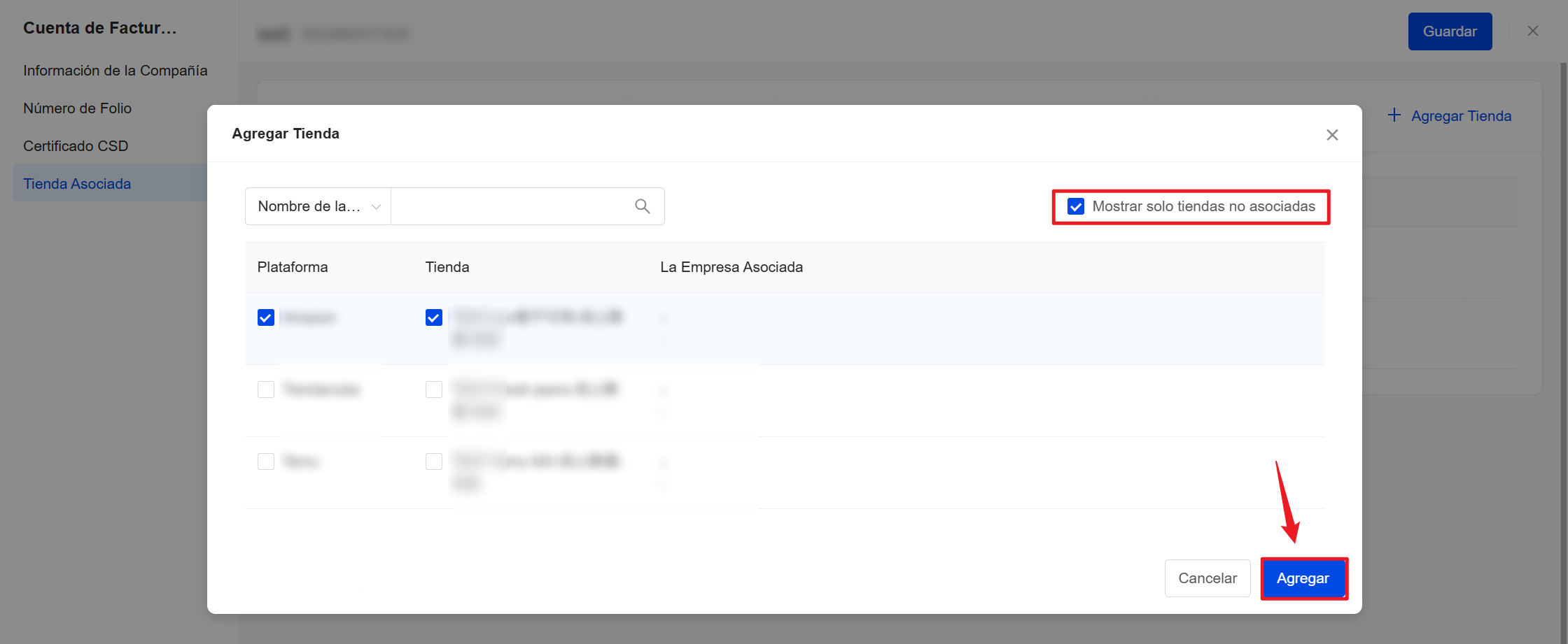 Selecciona Plataforma y Tienda para Asociar