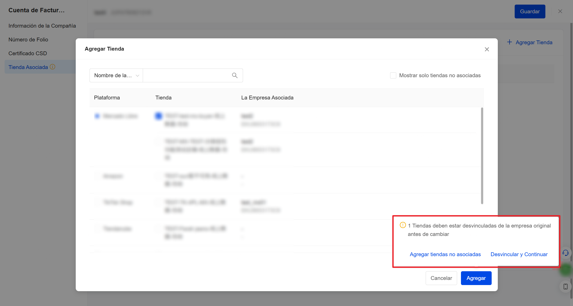Si haces clic en Desvincular y Continuar, la tienda se desvinculará de su cuenta de facturación anterior y se vinculará a la cuenta actual